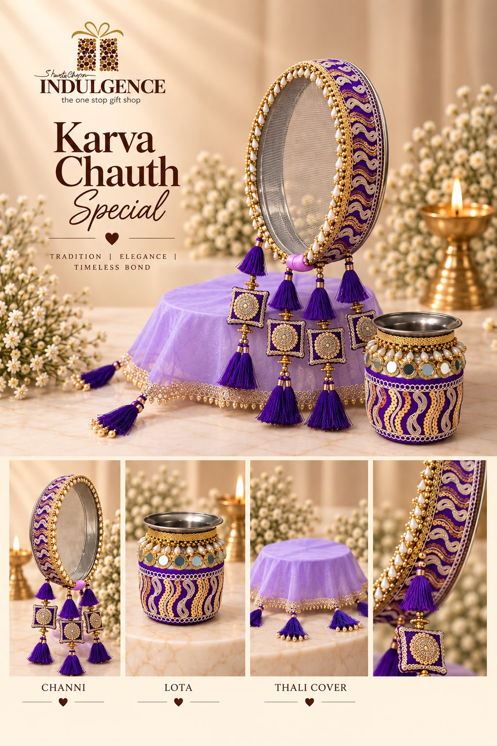 Karwa Chauth Essentials with Decorated Channi, Lota & Thali Cover