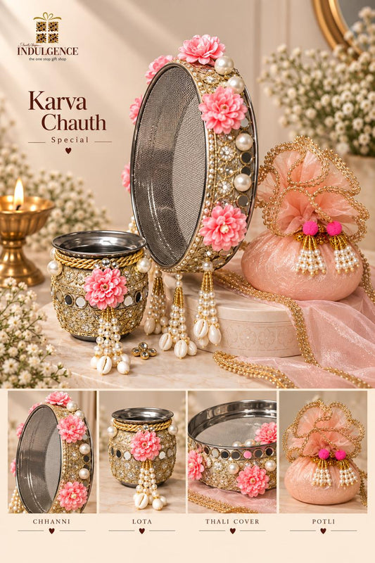 Karwa Chauth Essentials with Decorated Channi, Lota & Thali Cover