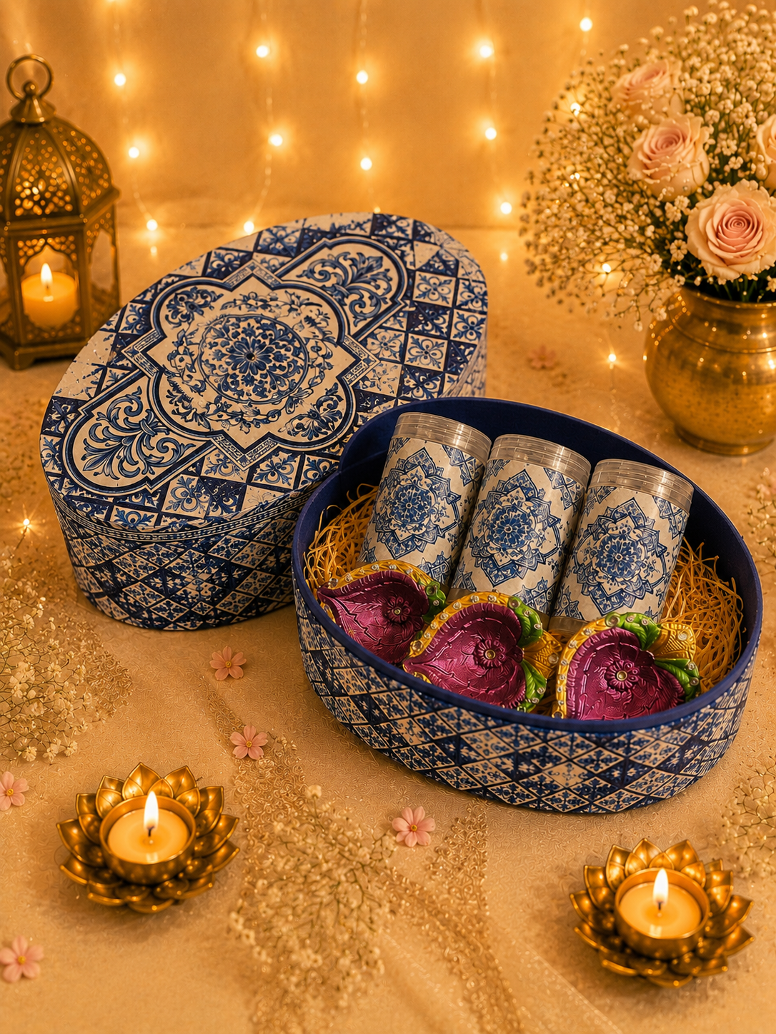 Dark Blue Printed Oval Box Diwali Hamper