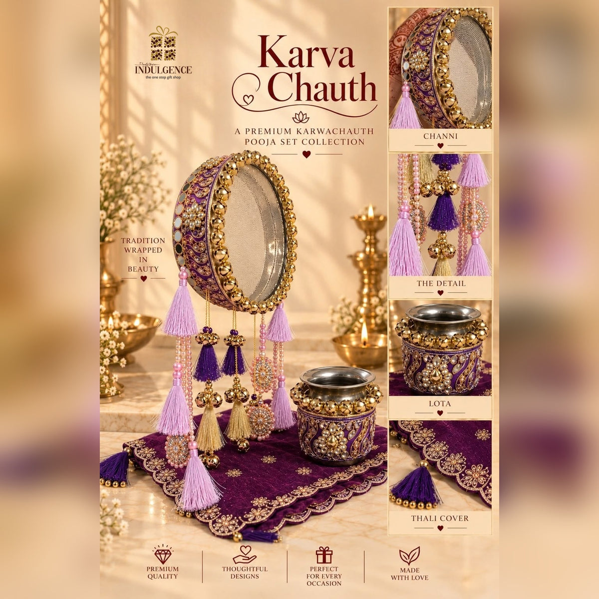 Karwa Chauth Purple Velvet Kundan Channi, Lota & Thali Cover set
