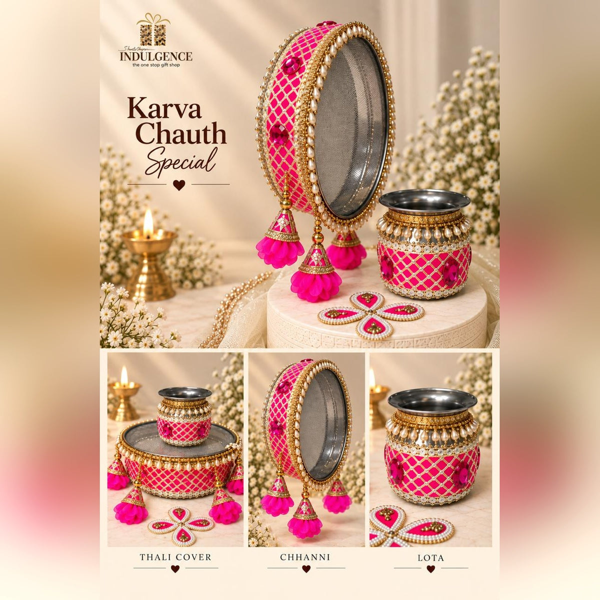 Karwa Chauth Essentials with Decorated Channi, Lota & Thali Cover