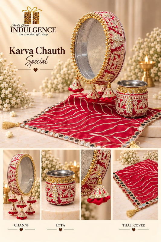 Karwa Chauth Essentials with Decorated Channi, Lota & Thali Cover