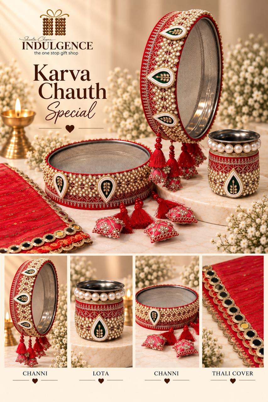 Karwa Chauth Essentials with Decorated Channi, Lota & Thali Cover
