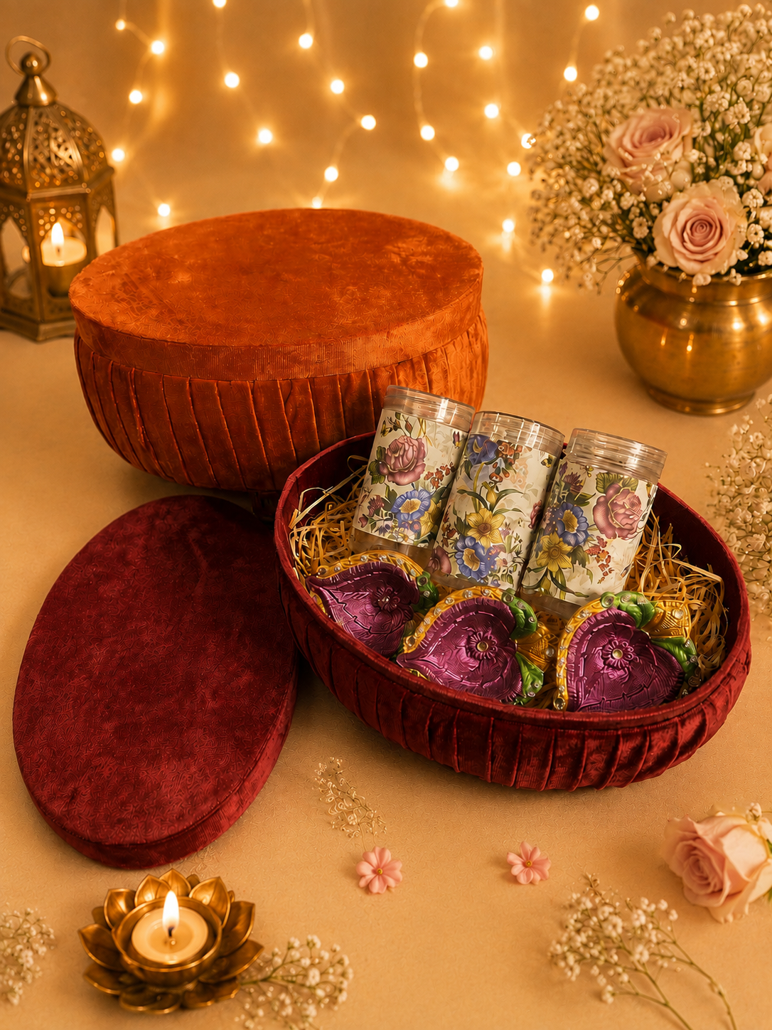 Suede Pleated Oval Box Diwali Hamper