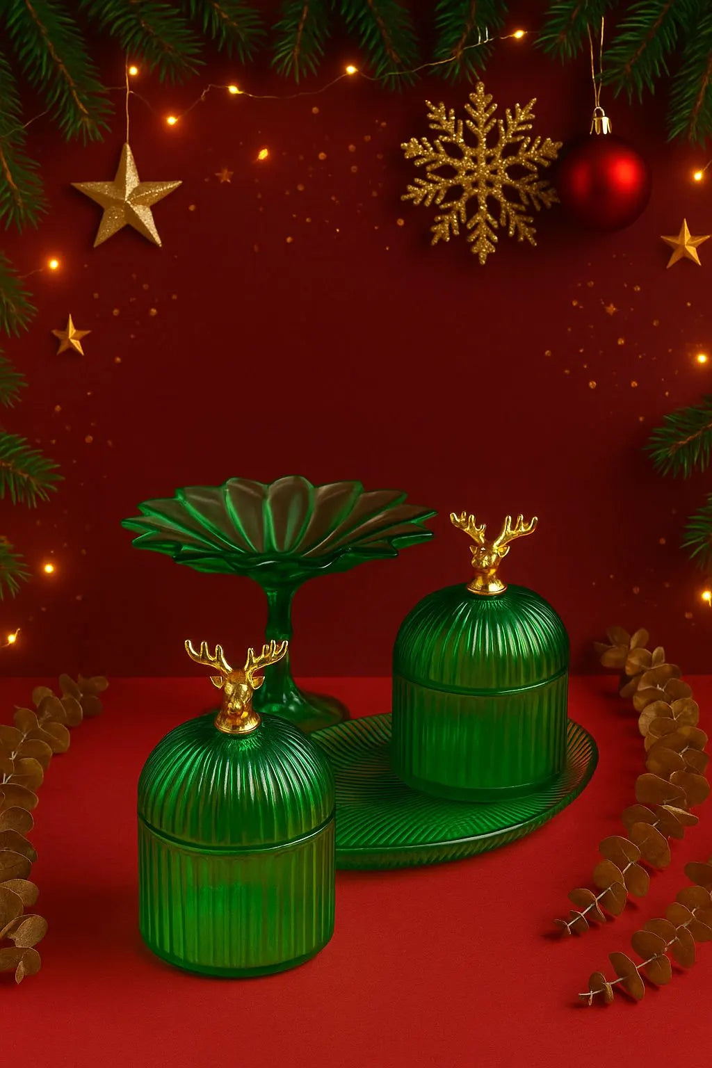 Green Christmas Reindeer Glass Set