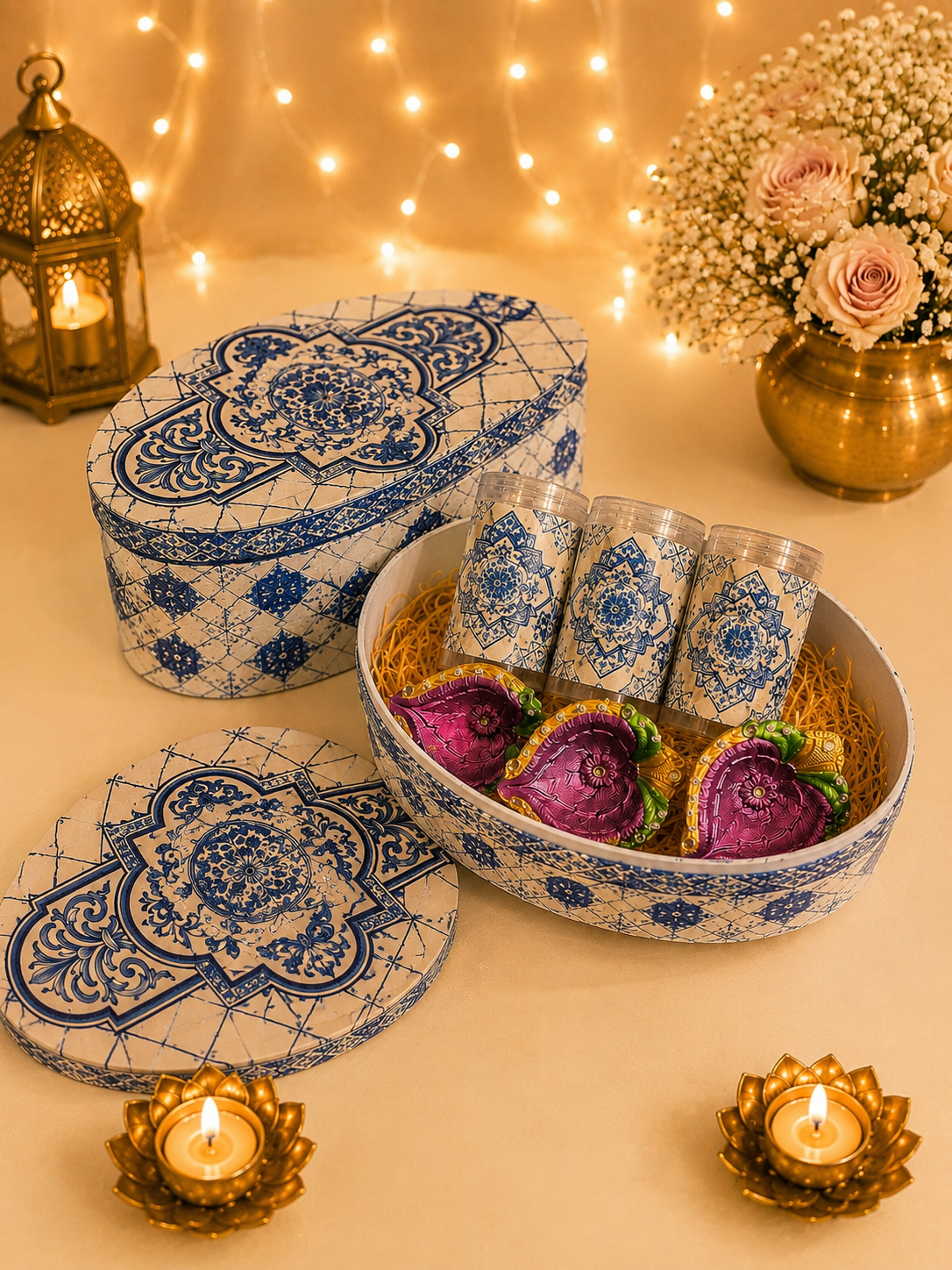 White and Blue Oval Box Diwali Hamper