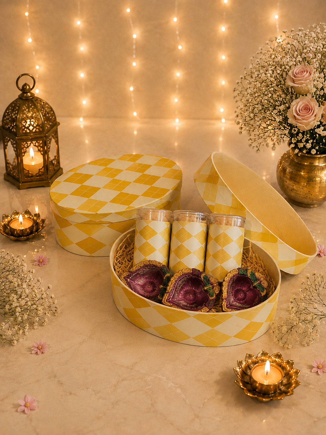 Yellow and White Printed Oval Box Diwali Hamper
